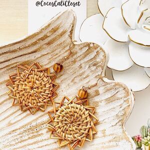 Woven Rattan Geometric Flower Drop Earrings NWT